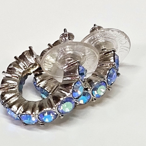 VINTAGE Monet Classic Aurora Borealis Rhinestone Hoop Earrings - Picture 1 of 6